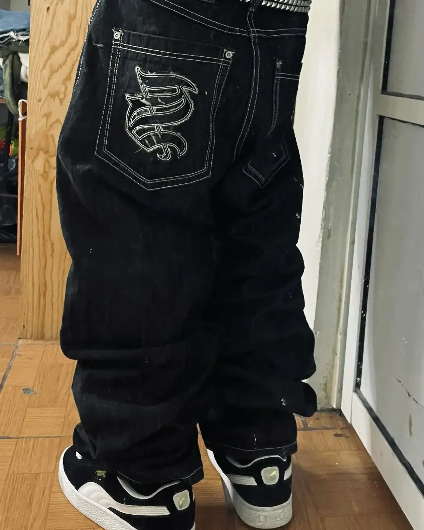 Calças largas com estampa de bordado hip-hop retrô americano, masculinas e femininas, calças harajuku góticas de perna larga, moda urbana