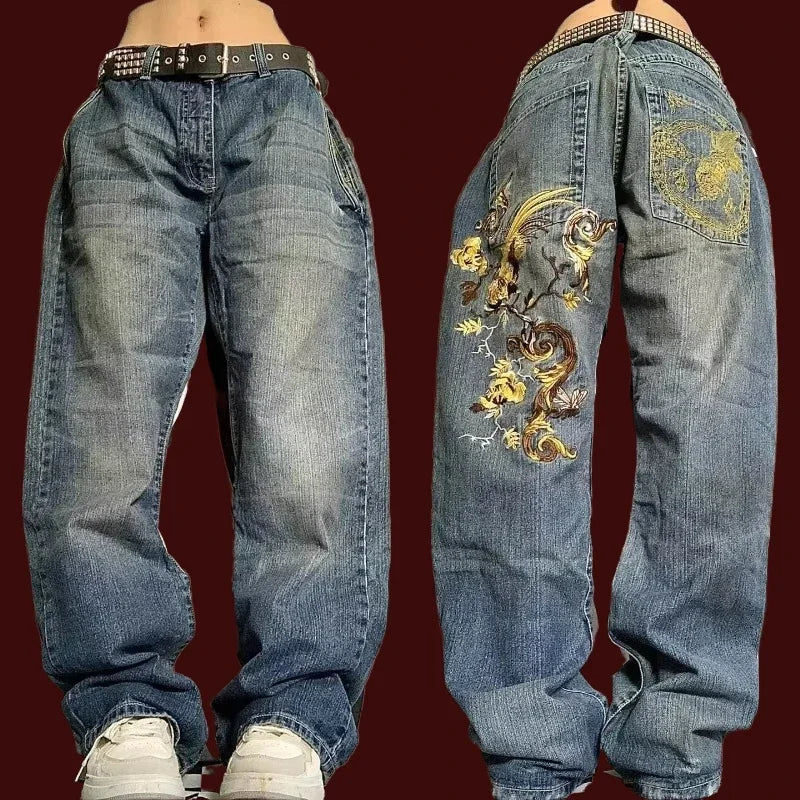Calças largas com estampa de bordado hip-hop retrô americano, masculinas e femininas, calças harajuku góticas de perna larga, moda urbana