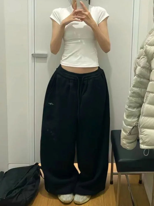 Calça de moletom feminina larga e larga com cintura alta e cordão