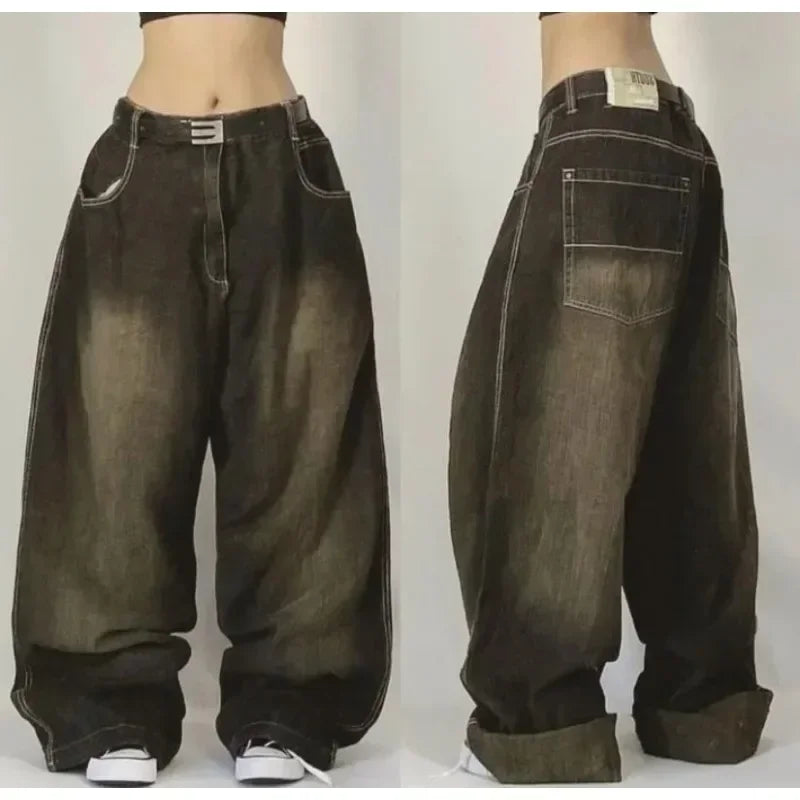 Calças largas com estampa de bordado hip-hop retrô americano, masculinas e femininas, calças harajuku góticas de perna larga, moda urbana
