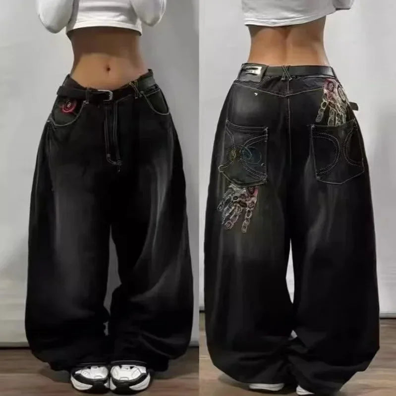 Calças largas com estampa de bordado hip-hop retrô americano, masculinas e femininas, calças harajuku góticas de perna larga, moda urbana