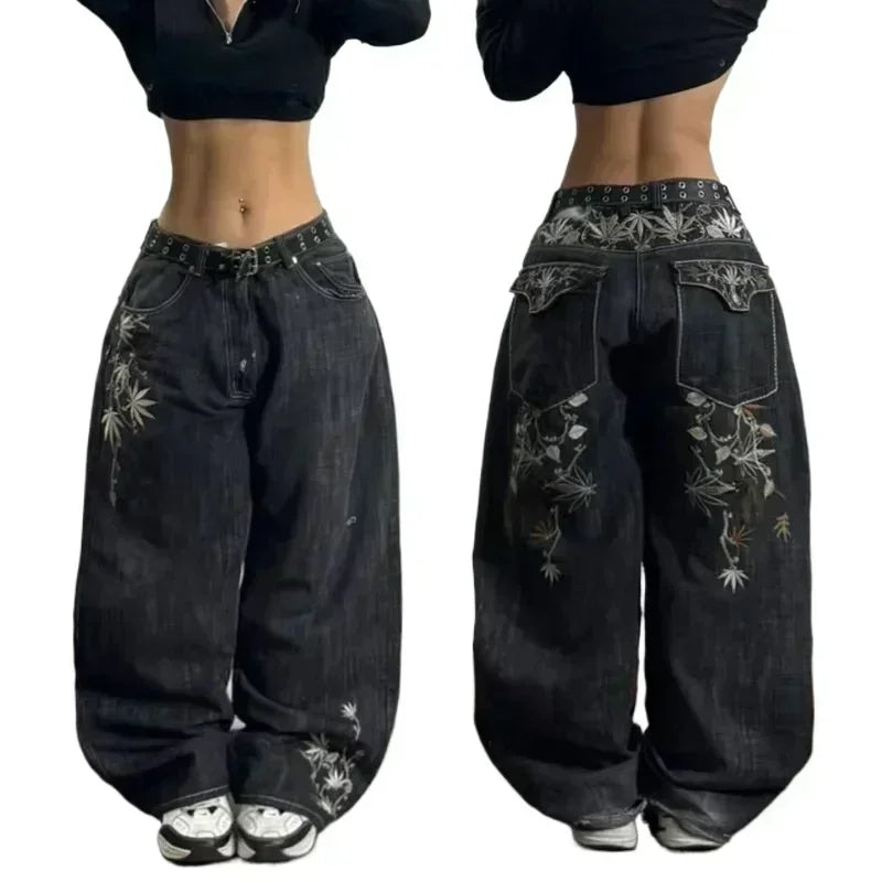 Calças largas com estampa de bordado hip-hop retrô americano, masculinas e femininas, calças harajuku góticas de perna larga, moda urbana