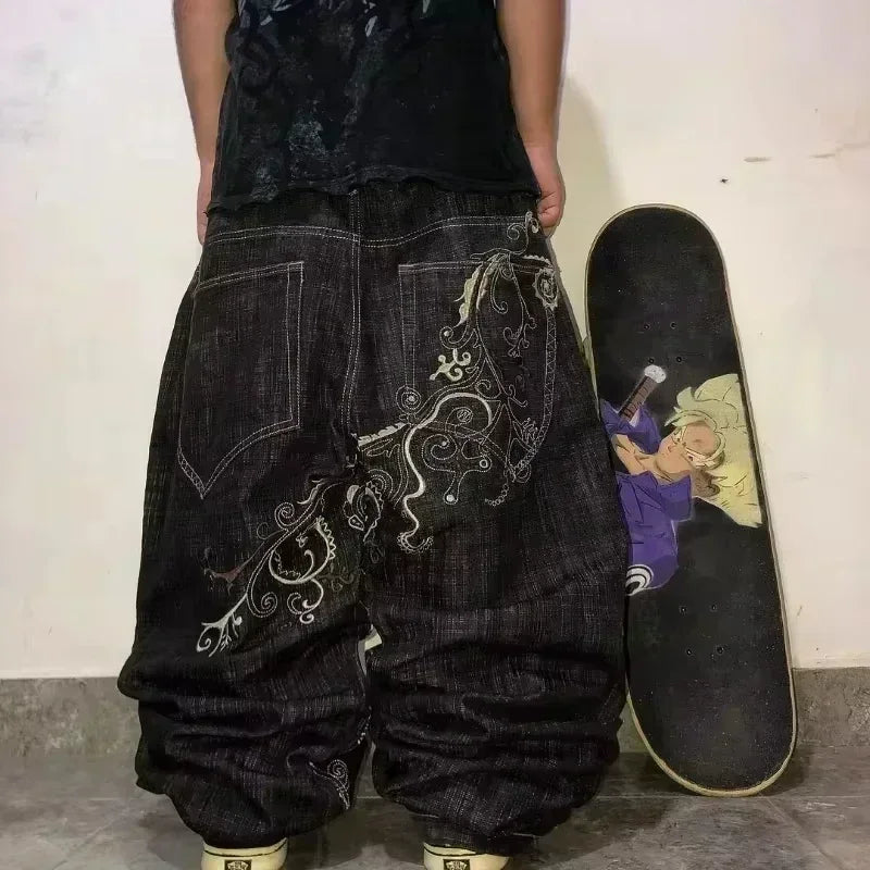 Calças largas com estampa de bordado hip-hop retrô americano, masculinas e femininas, calças harajuku góticas de perna larga, moda urbana