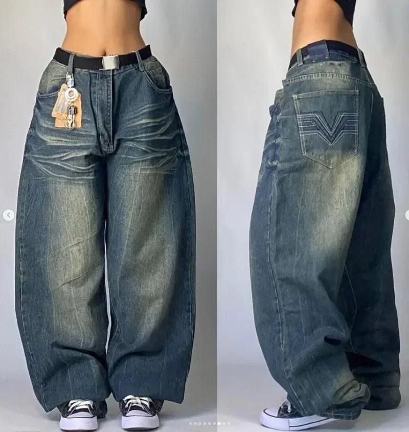 Calças largas com estampa de bordado hip-hop retrô americano, masculinas e femininas, calças harajuku góticas de perna larga, moda urbana