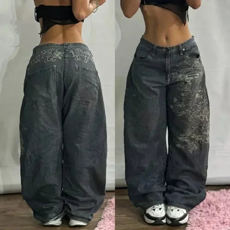 Calças largas com estampa de bordado hip-hop retrô americano, masculinas e femininas, calças harajuku góticas de perna larga, moda urbana