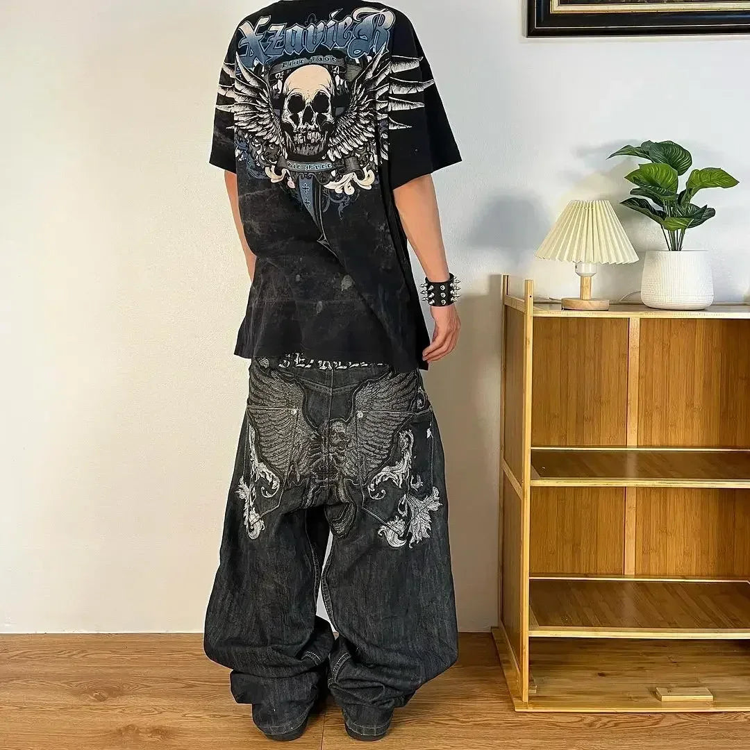 Calças largas com estampa de bordado hip-hop retrô americano, masculinas e femininas, calças harajuku góticas de perna larga, moda urbana