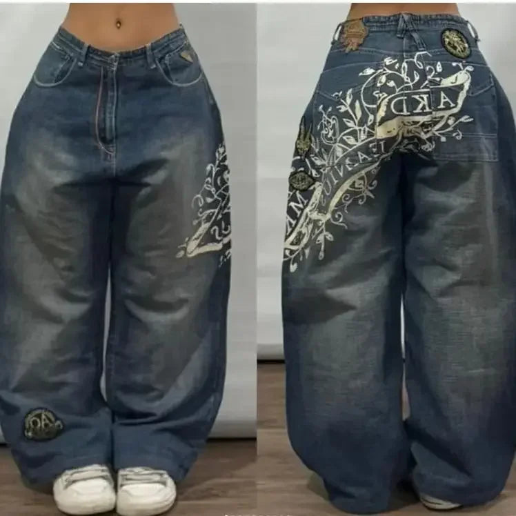 Calças largas com estampa de bordado hip-hop retrô americano, masculinas e femininas, calças harajuku góticas de perna larga, moda urbana