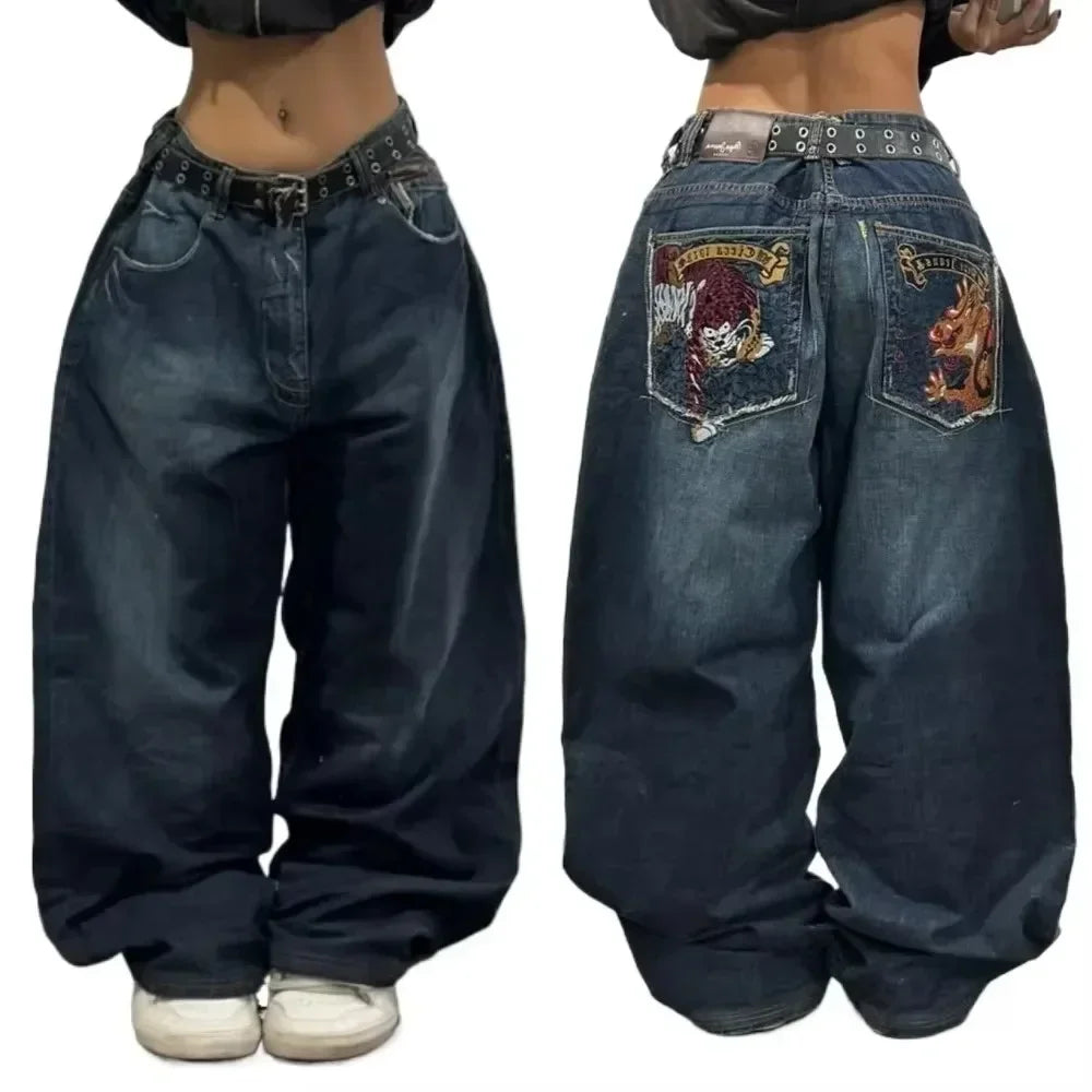 Calças largas com estampa de bordado hip-hop retrô americano, masculinas e femininas, calças harajuku góticas de perna larga, moda urbana
