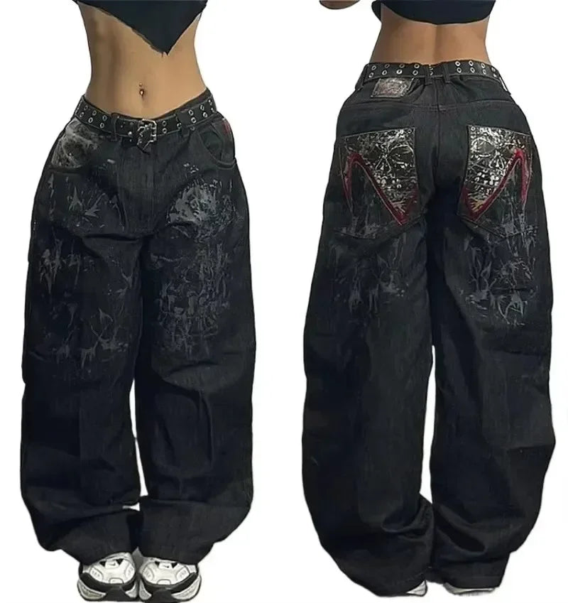 Calças largas com estampa de bordado hip-hop retrô americano, masculinas e femininas, calças harajuku góticas de perna larga, moda urbana