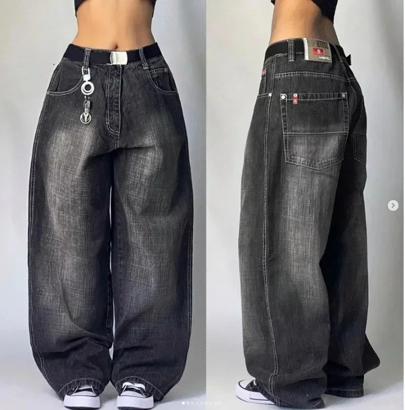 Calças largas com estampa de bordado hip-hop retrô americano, masculinas e femininas, calças harajuku góticas de perna larga, moda urbana