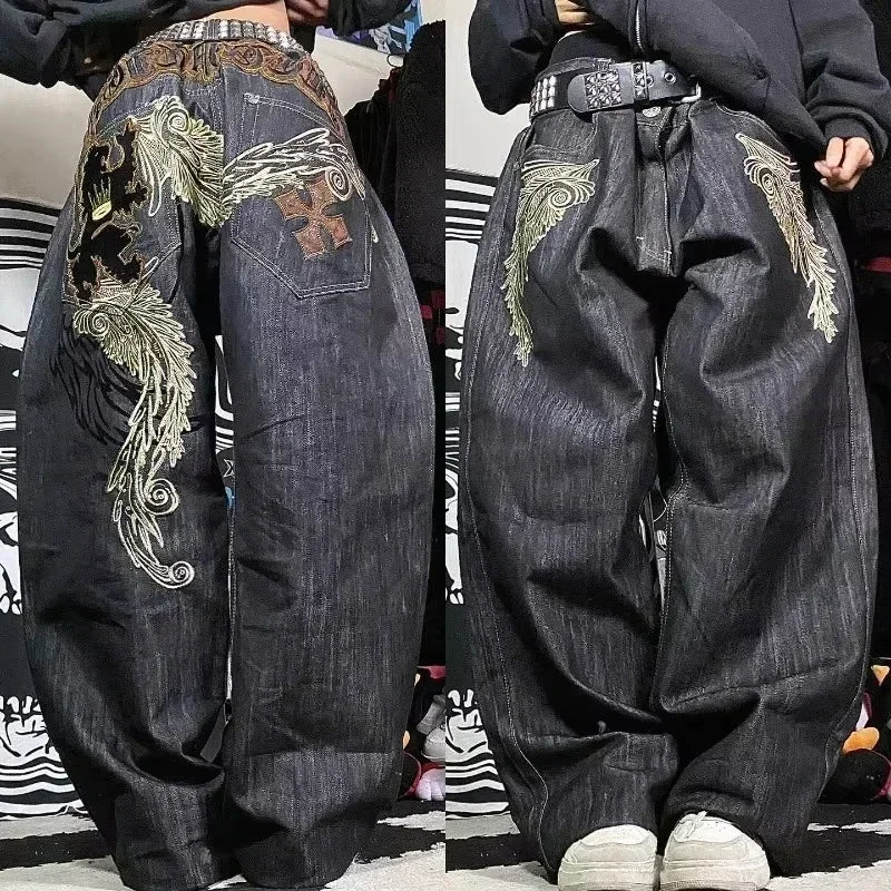 Calças largas com estampa de bordado hip-hop retrô americano, masculinas e femininas, calças harajuku góticas de perna larga, moda urbana