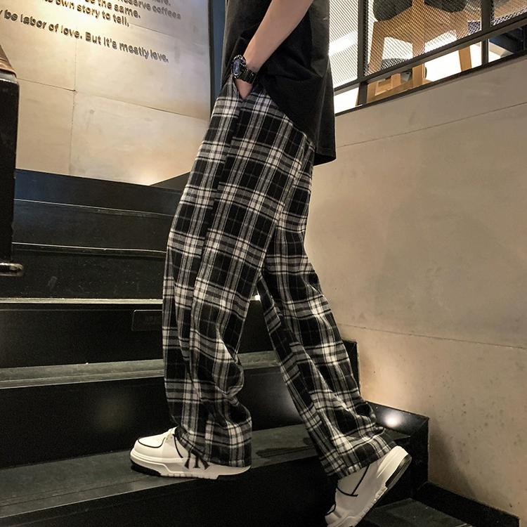 Unisex Oversized Black Plaid Elastic Waist Loose Pants