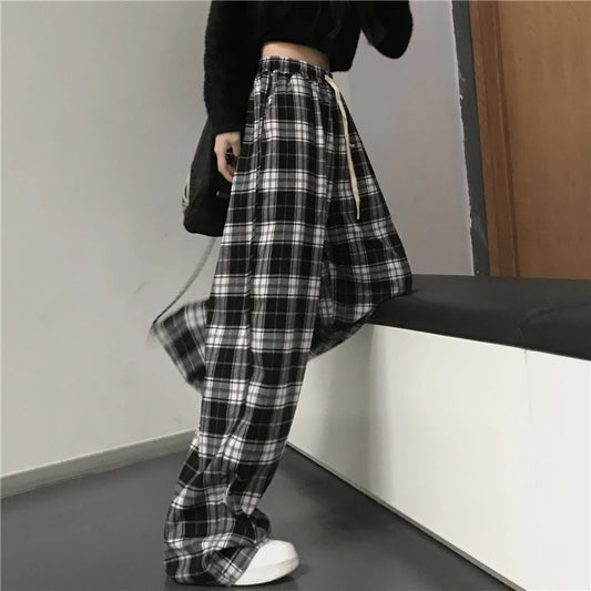 Unisex Oversized Black Plaid Elastic Waist Loose Pants