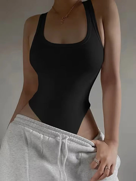 Sleeveless knitted bodysuit with V-neckline