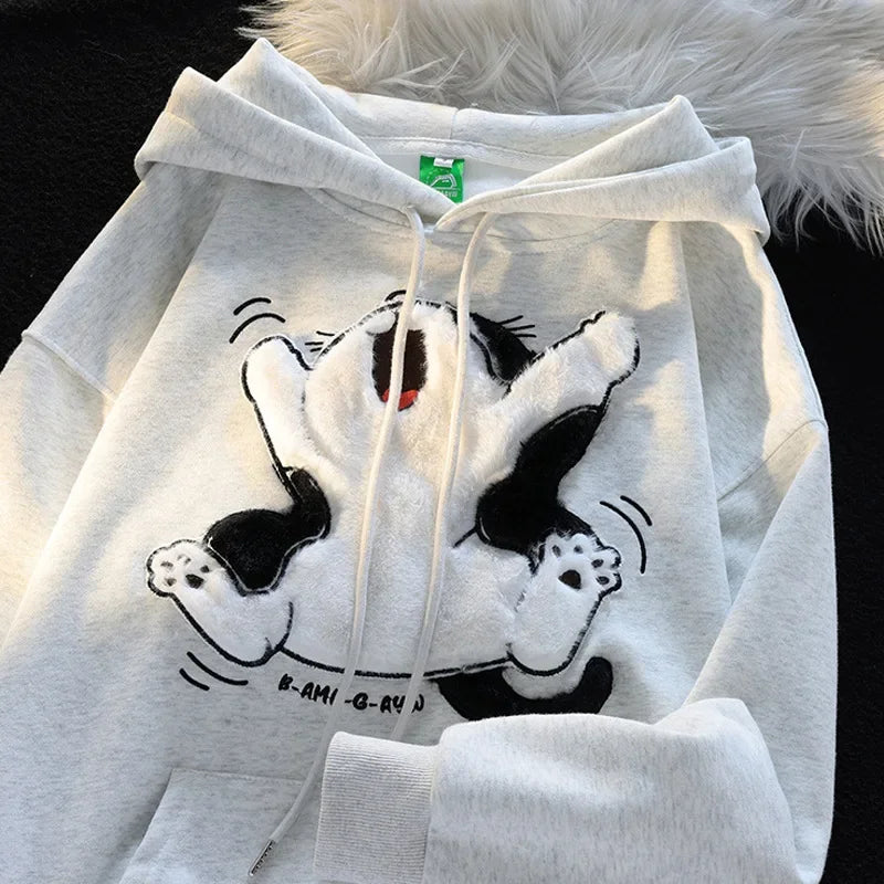 Japanese Vintage Art Student Milk Fufu Hooded Sweatshirt For Men Women Niche Design Sensibility Flocking Cat Street Jacket