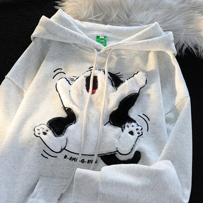 Japanese Vintage Art Student Milk Fufu Hooded Sweatshirt For Men Women Niche Design Sensibility Flocking Cat Street Jacket