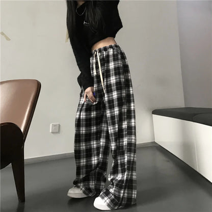 Unisex Oversized Black Plaid Elastic Waist Loose Pants