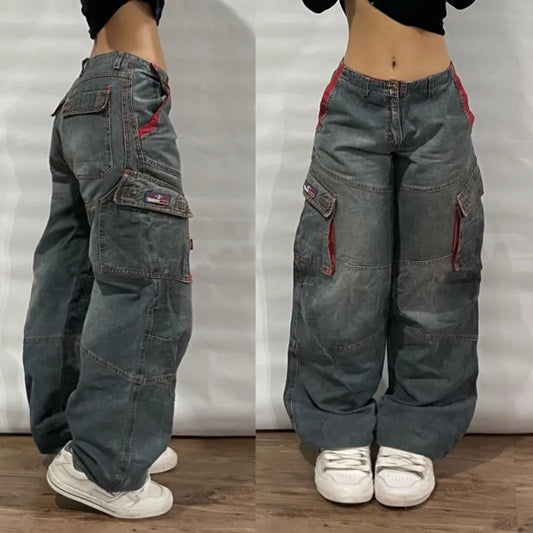Men's and Women's Loose Fit Low Waist Wide Leg Urban Pants with Multiple Pockets