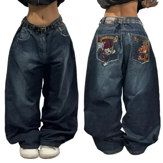 American Retro Hip-Hop Embroidery Print Baggy Pants Men Women Harajuku Gothic Wide Leg Trousers Streetwear