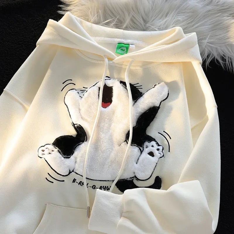 Japanese Vintage Art Student Milk Fufu Hooded Sweatshirt For Men Women Niche Design Sensibility Flocking Cat Street Jacket