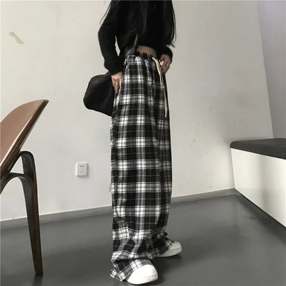 Unisex Oversized Black Plaid Elastic Waist Loose Pants